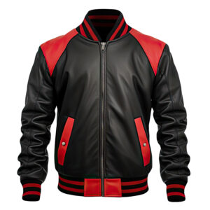 mrvirani2 mens black and red varsity leather jacket front
