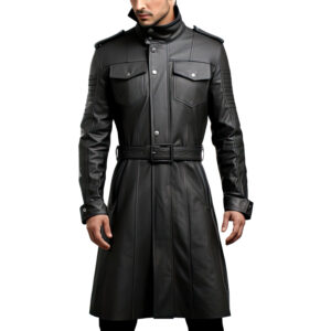 mrvirani2 mens jet black military style leather knee length jac front gigapixel art height 2000px